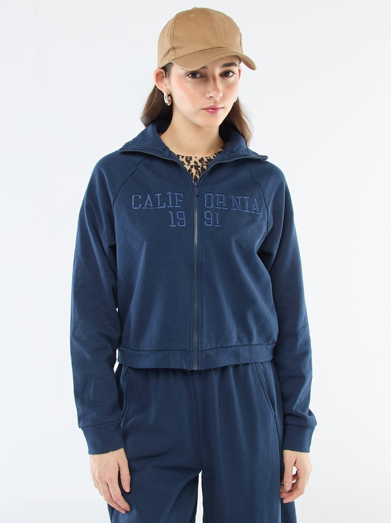 Kurzer Zip-Sweatshirt mit gestickter Botschaft Marineblau - Kiabi