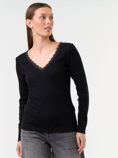Lace-Trim Ribbed T-Shirt - Kiabi