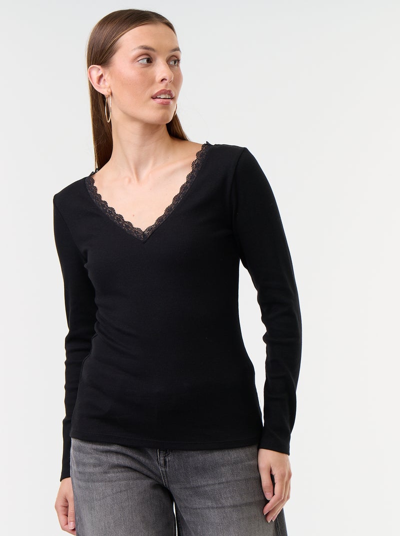 Lace-Trim Ribbed T-Shirt Black - Kiabi