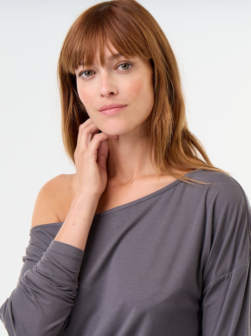 Langarm-Stretch-T-Shirt mit seitlicher Raffung Grau - Kiabi