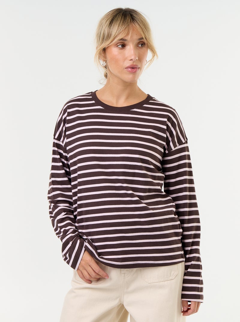 Langarm-T-Shirt gestreift Marron - Kiabi