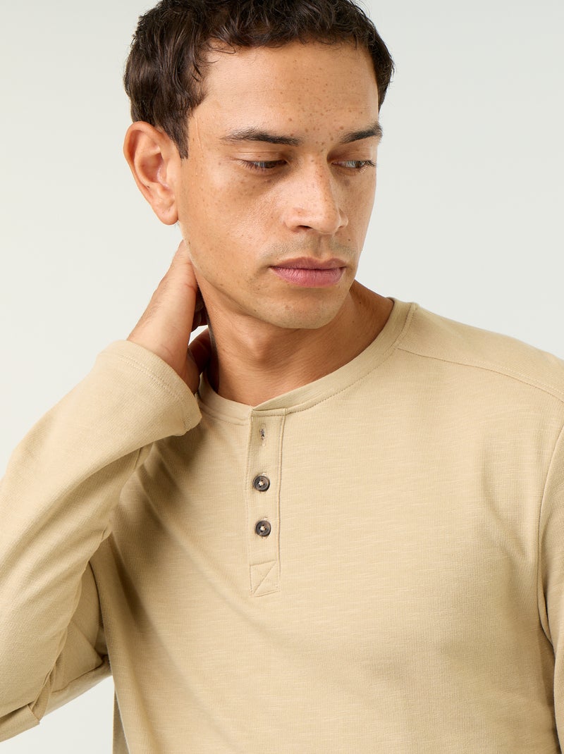 Langarm-T-Shirt mit Henley-Kragen Beige - Kiabi