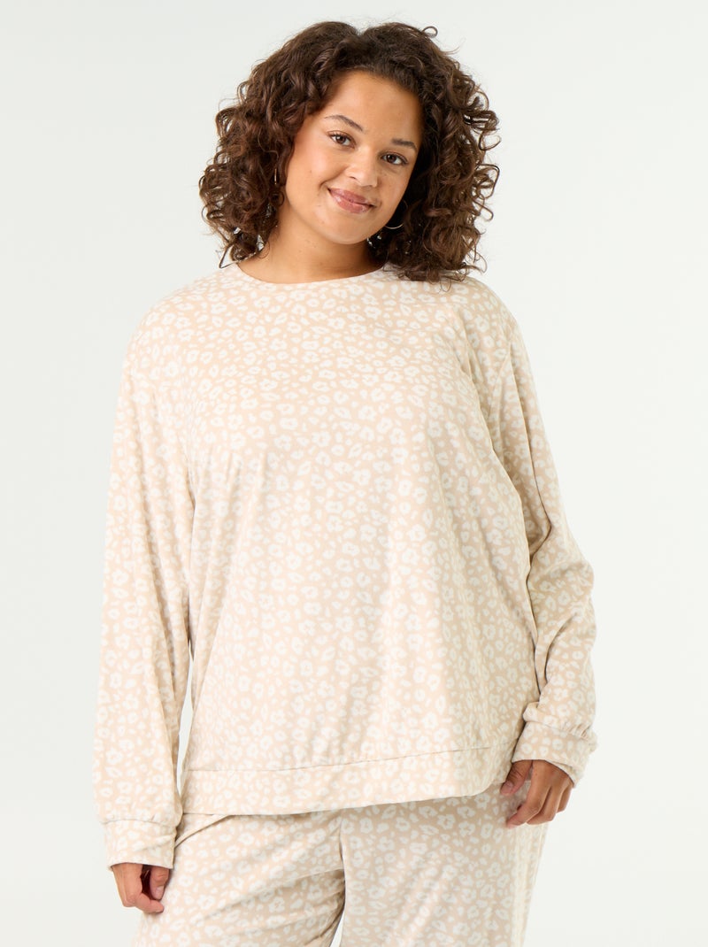Langes 2-teiliges bedrucktes Fleece-Pyjama-Set Beige - Kiabi