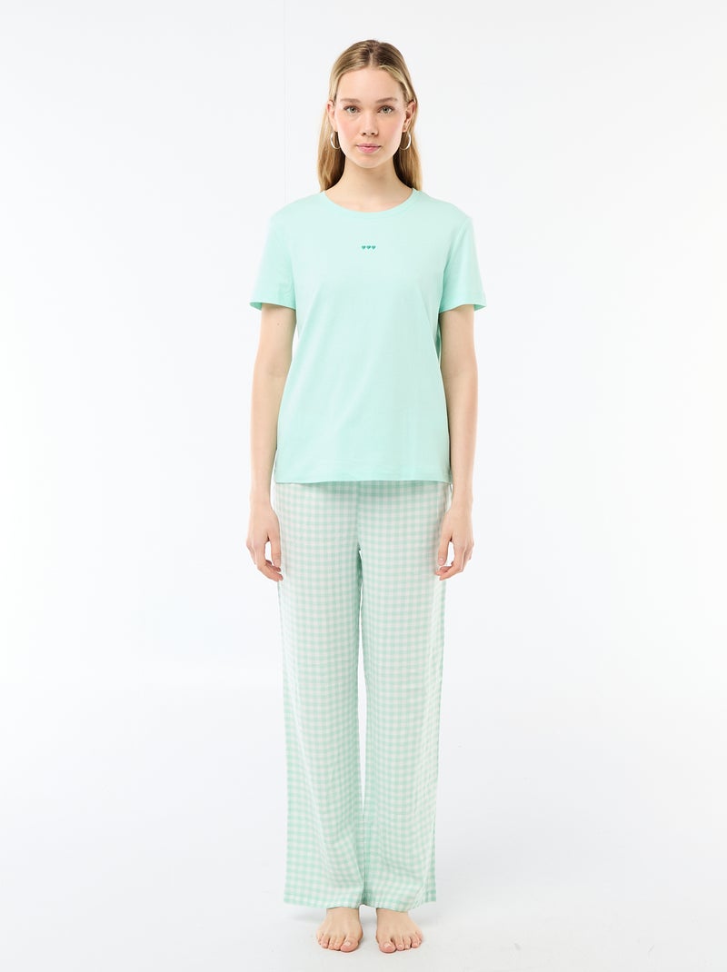 Langes 2-teiliges Pyjama-Set: T-Shirt und karierte Hose Grün - Kiabi