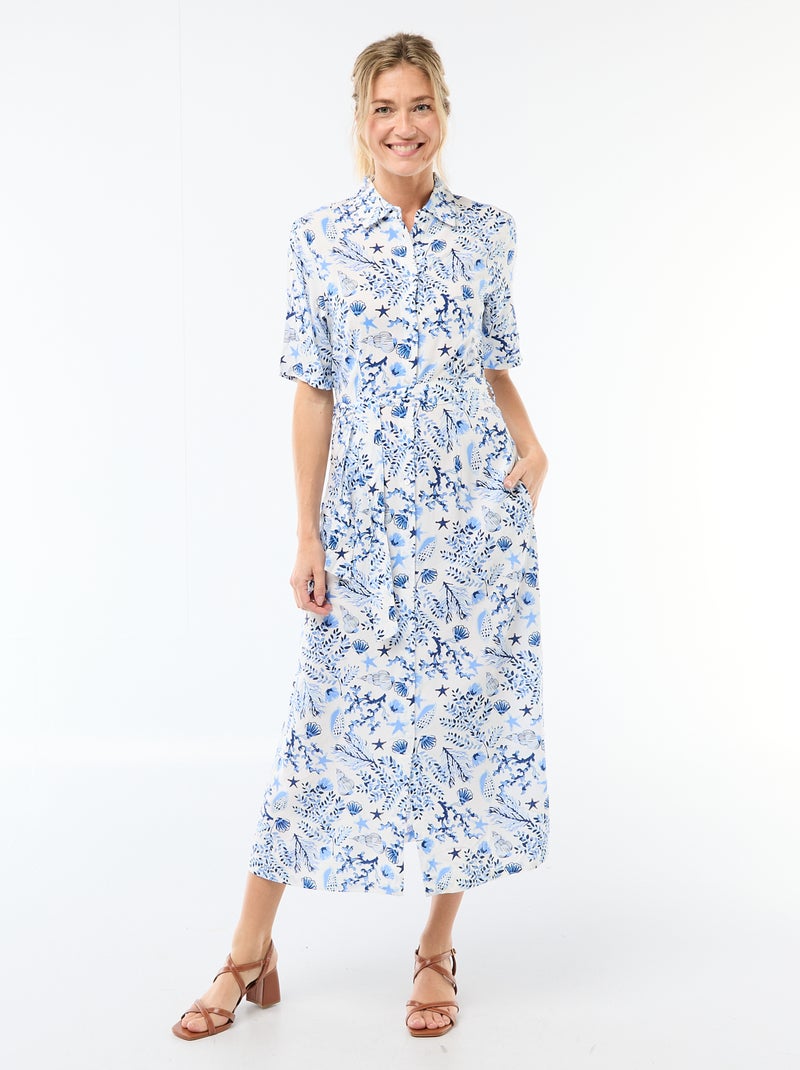 Langes Hemdblusenkleid mit Allover-Muster und Bindegürtel Blau - Kiabi