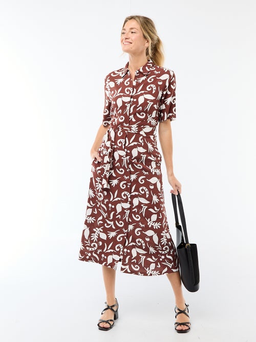 Langes Hemdblusenkleid mit Allover-Muster und Bindegürtel - Kiabi