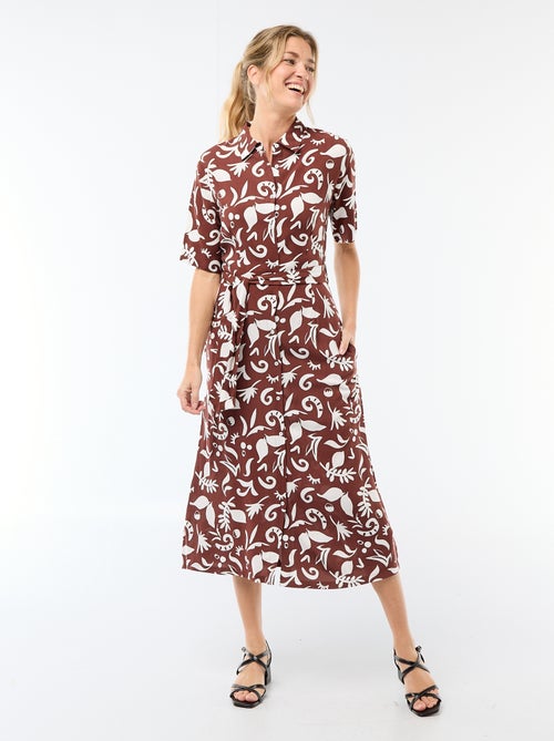 Langes Hemdblusenkleid mit Allover-Muster und Bindegürtel - Kiabi