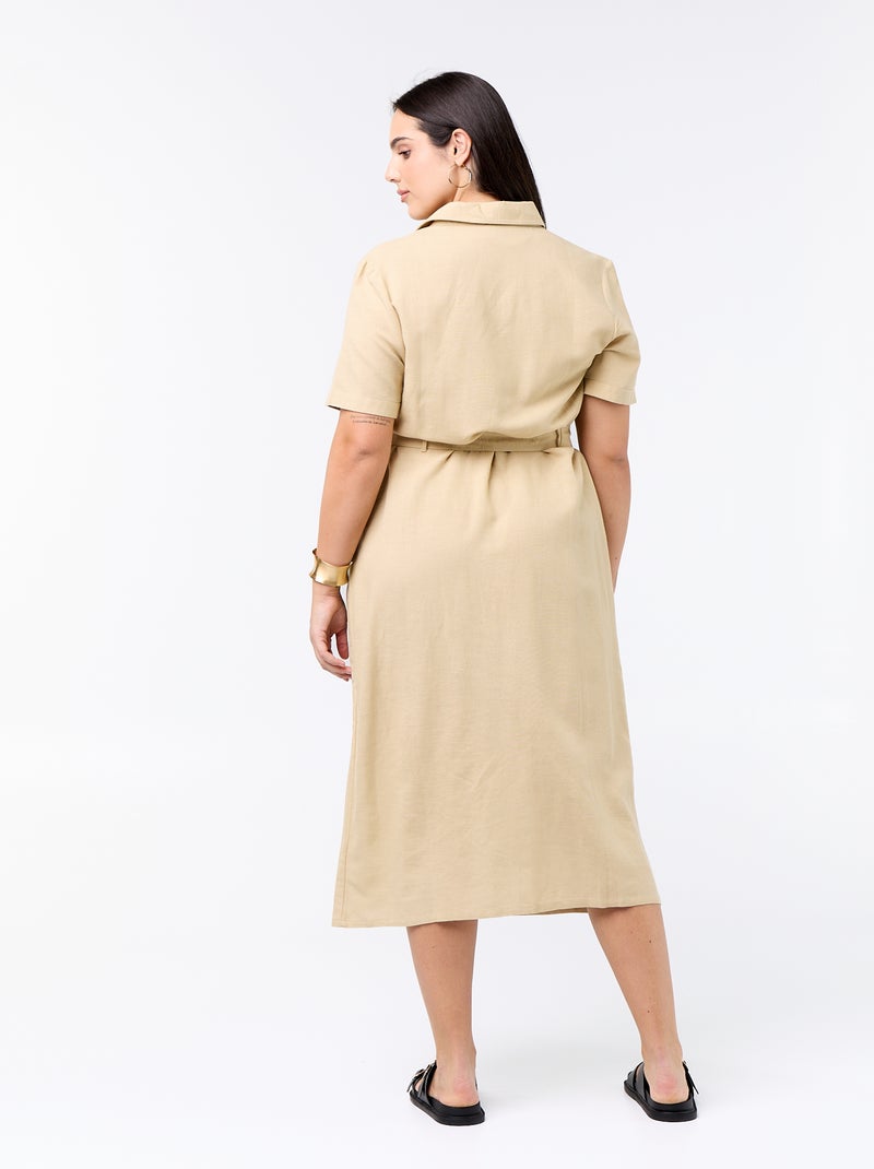 Langes Hemdblusenkleid mit Bindegürtel Beige - Kiabi