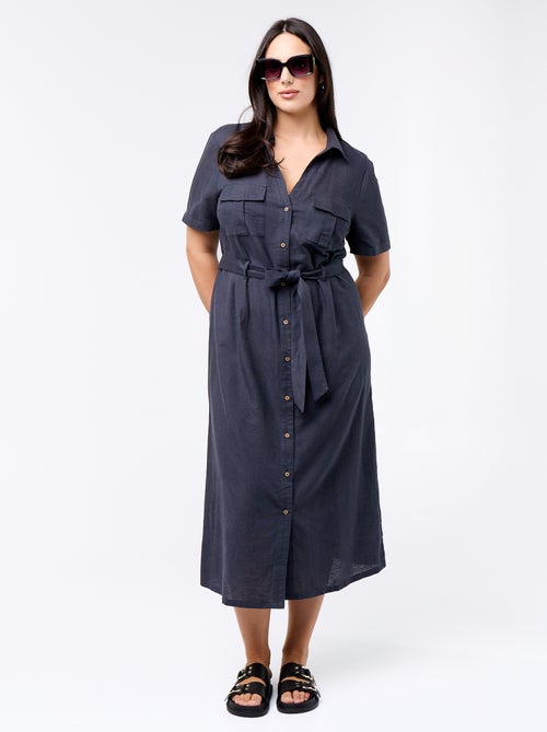 Langes Hemdblusenkleid mit Bindegürtel - Kiabi