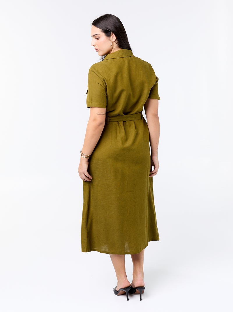 Langes Hemdblusenkleid mit Bindegürtel Grün - Kiabi