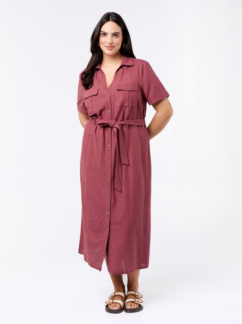 Langes Hemdblusenkleid mit Bindegürtel - Kiabi