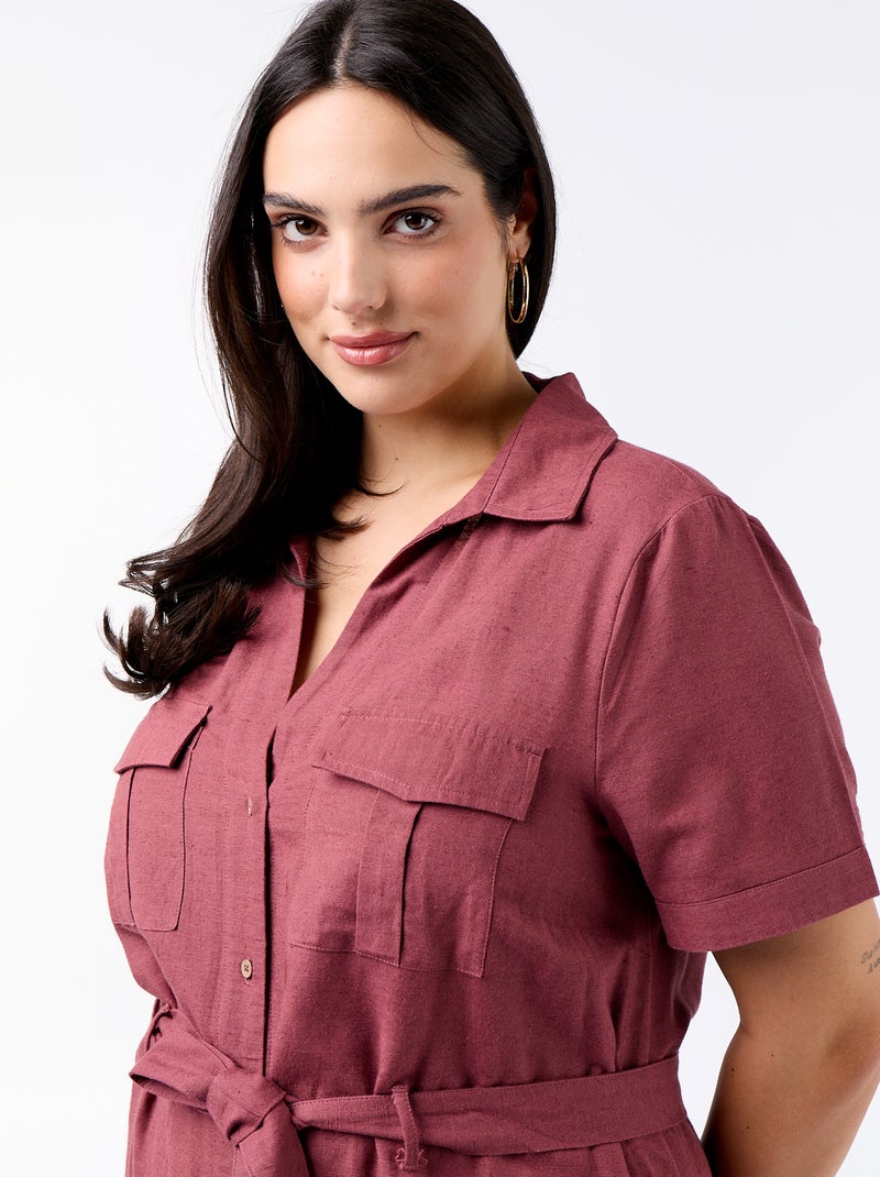 Langes Hemdblusenkleid mit Bindegürtel Rosa - Kiabi