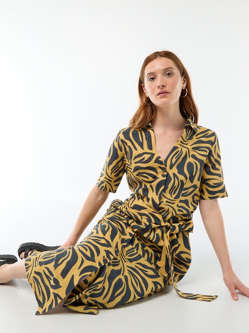 Langes Hemdblusenkleid mit kurzen Ärmeln aus Baumwolle und Leinen - Kiabi