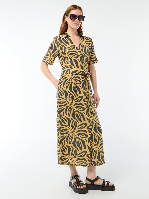 Langes Hemdblusenkleid mit kurzen Ärmeln aus Baumwolle und Leinen - Kiabi