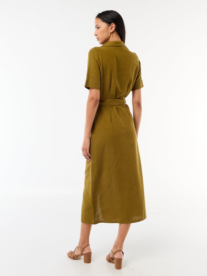 Langes Hemdblusenkleid mit kurzen Ärmeln aus Baumwolle und Leinen Grün - Kiabi