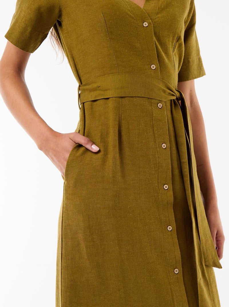 Langes Hemdblusenkleid mit kurzen Ärmeln aus Baumwolle und Leinen Grün - Kiabi