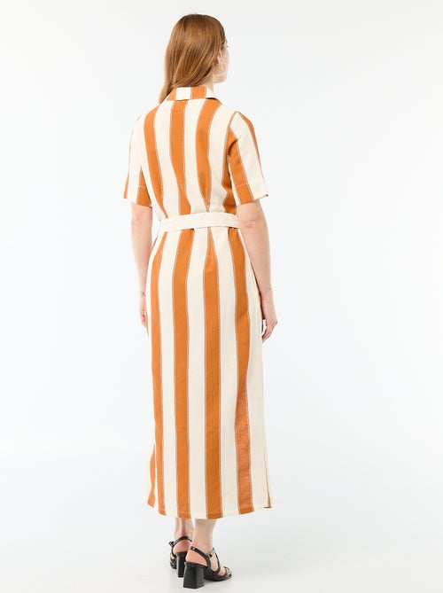 Langes Hemdblusenkleid mit kurzen Ärmeln aus Baumwolle und Leinen - Kiabi