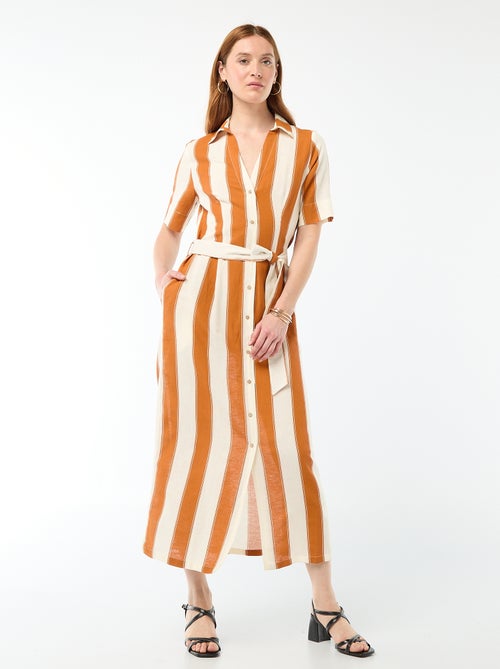 Langes Hemdblusenkleid mit kurzen Ärmeln aus Baumwolle und Leinen - Kiabi