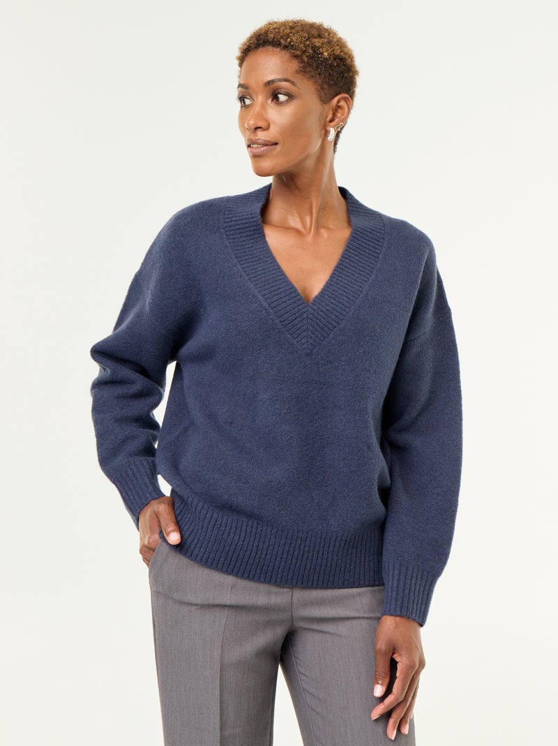 Large Ribbed V-Neck Sweater Blue - Kiabi