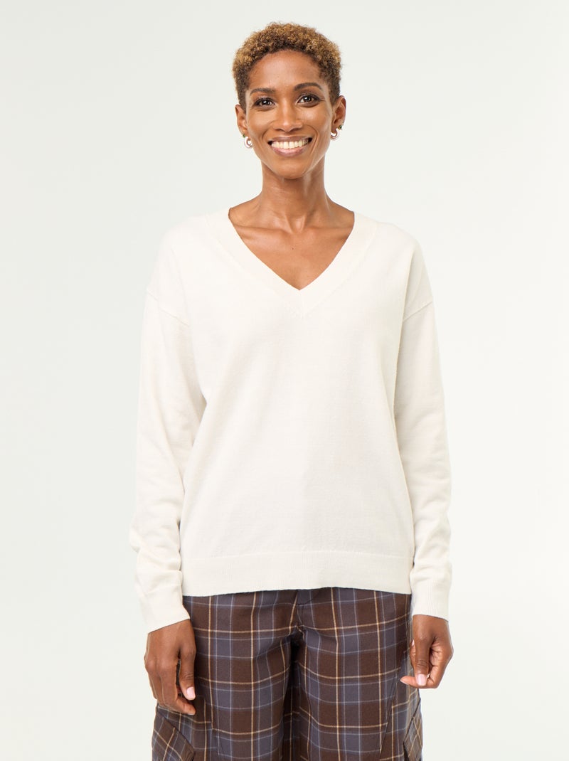 Leichter V-Ausschnitt-Pullover Blanc - Kiabi