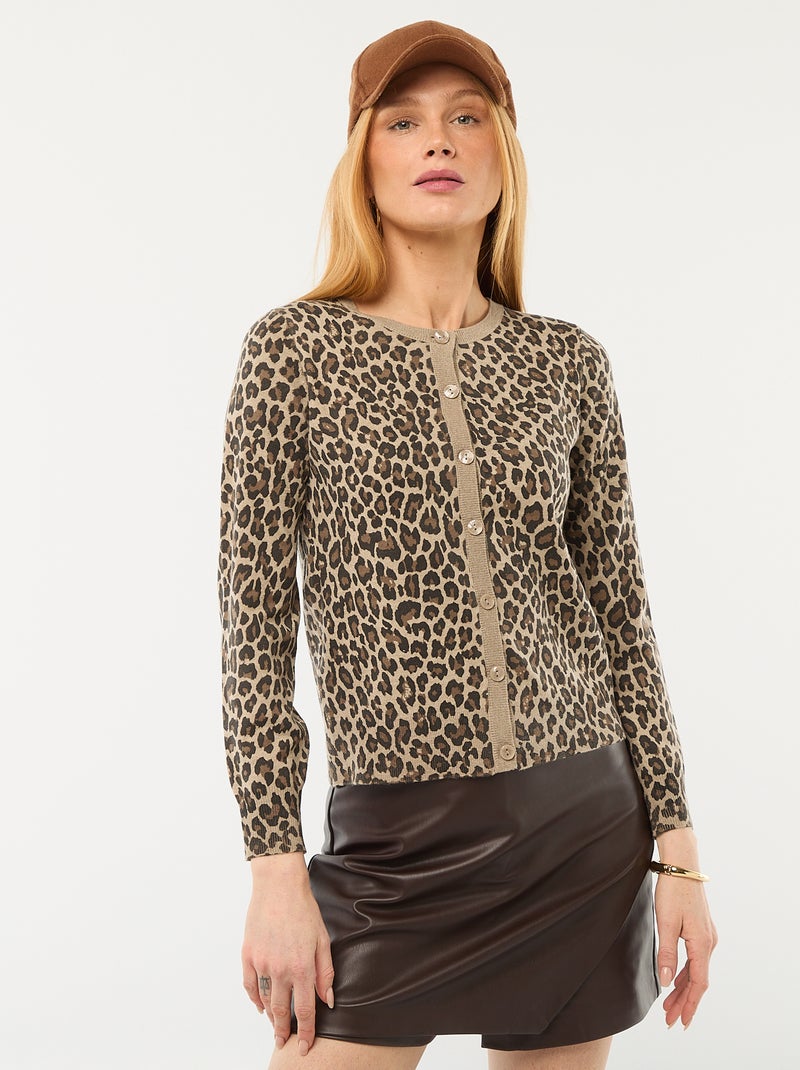 Leopard Print Crew Neck Cardigan Beige - Kiabi