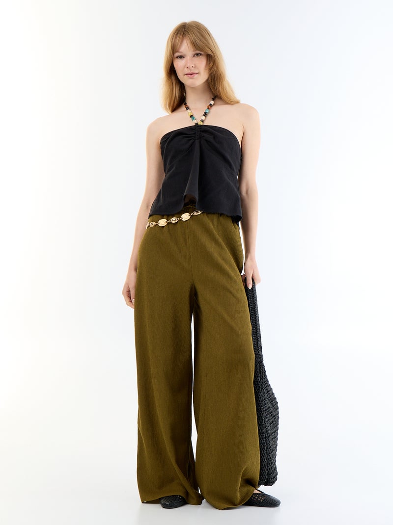 Linen blend crop top with pearls Black - Kiabi