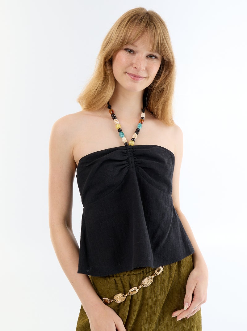 Linen blend crop top with pearls Black - Kiabi