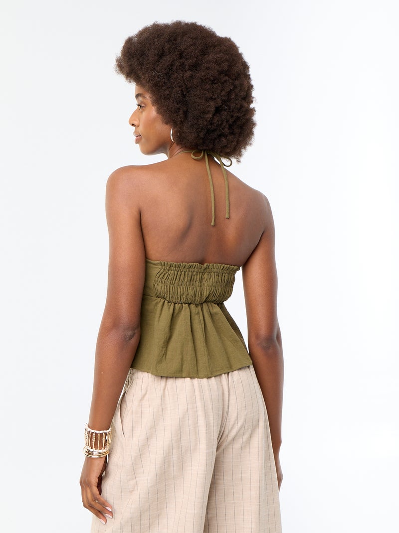 Linen blend crop top with pearls Green - Kiabi