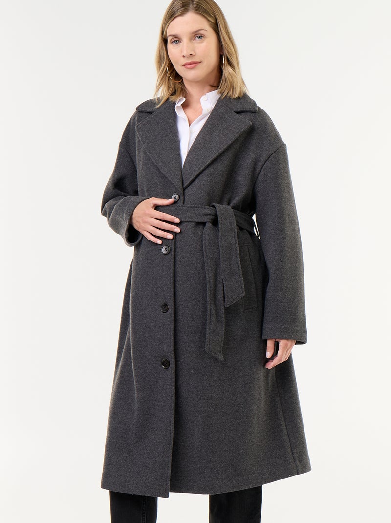 Long Faux Wool Tailored Collar Coat Grey - Kiabi