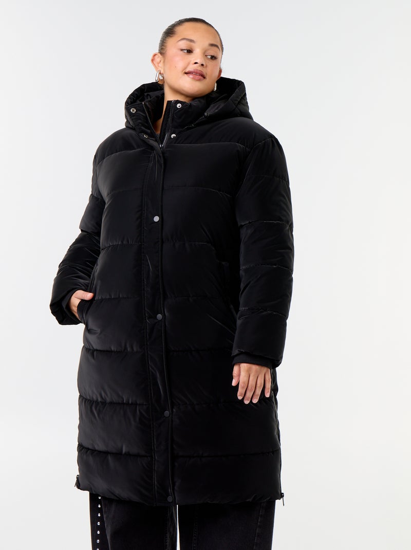 Long quilted puffer jacket with removable hood Black - Kiabi