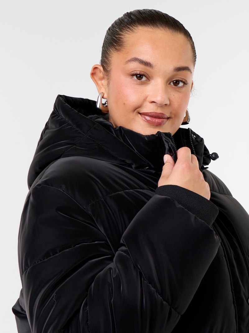 Long quilted puffer jacket with removable hood Black - Kiabi