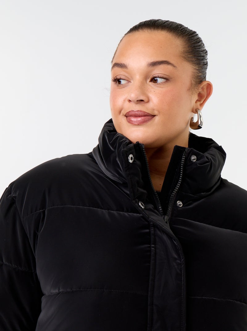 Long quilted puffer jacket with removable hood Black - Kiabi