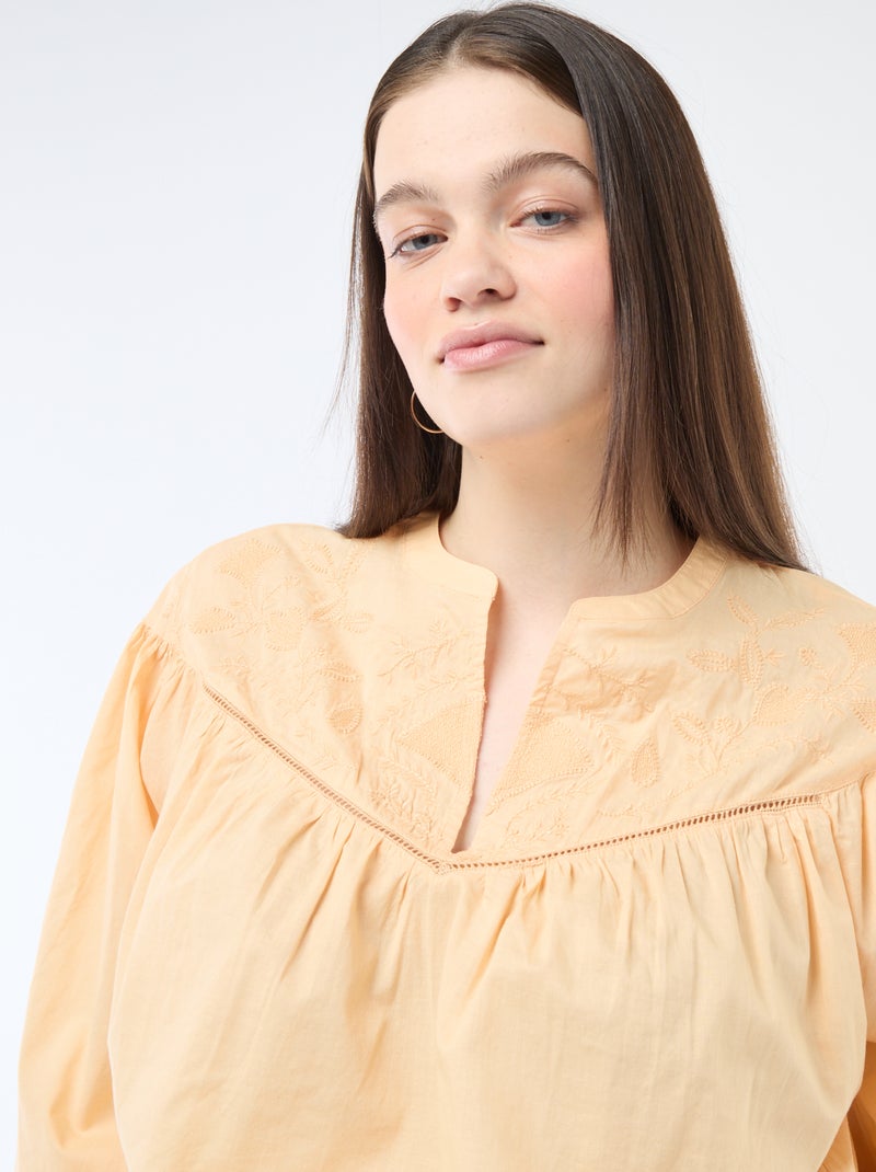Long-Sleeved Blouse with Embroidery Beige - Kiabi