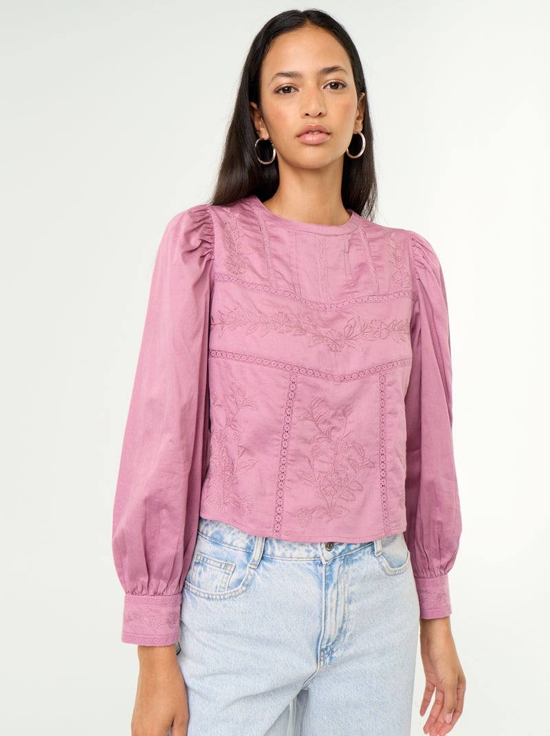 Long-sleeved blouse with embroidery Purple - Kiabi