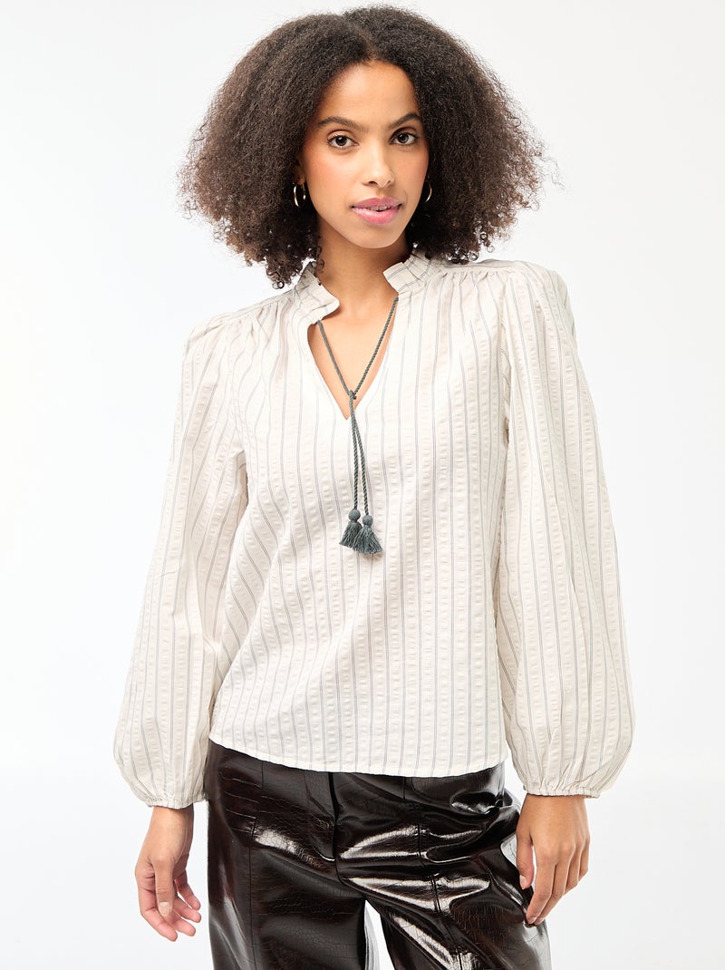 Long-sleeved Checkered Blouse Beige - Kiabi