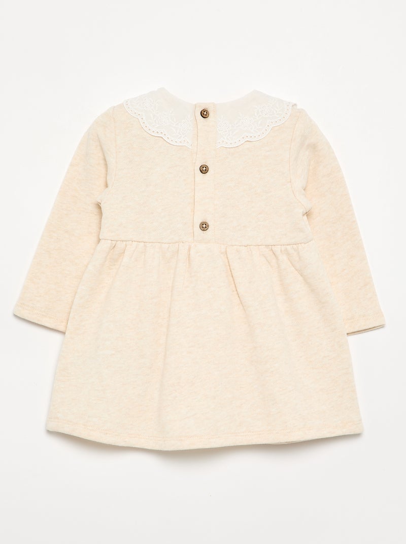 Long-sleeved fleece dress with embroidered collar Beige - Kiabi