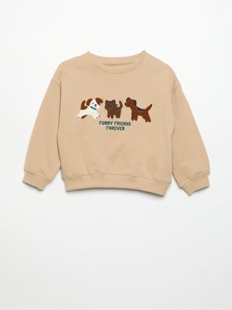 Long-sleeved fleece sweatshirt with playful design Beige - Kiabi