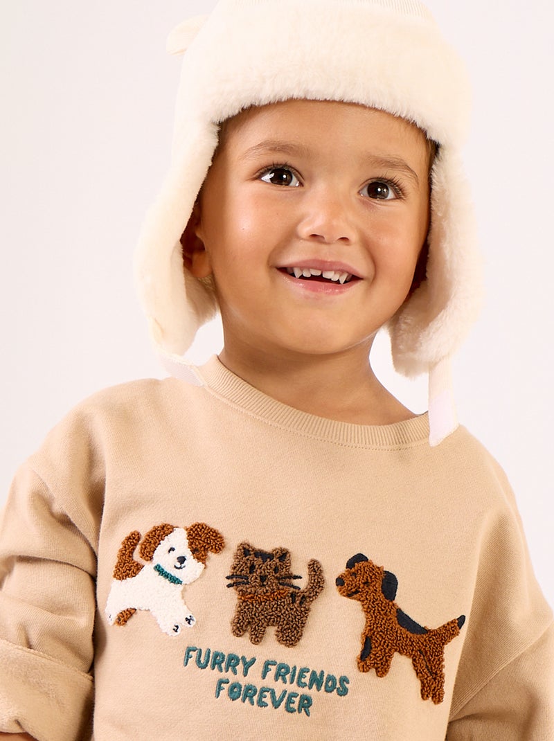 Long-sleeved fleece sweatshirt with playful design Beige - Kiabi