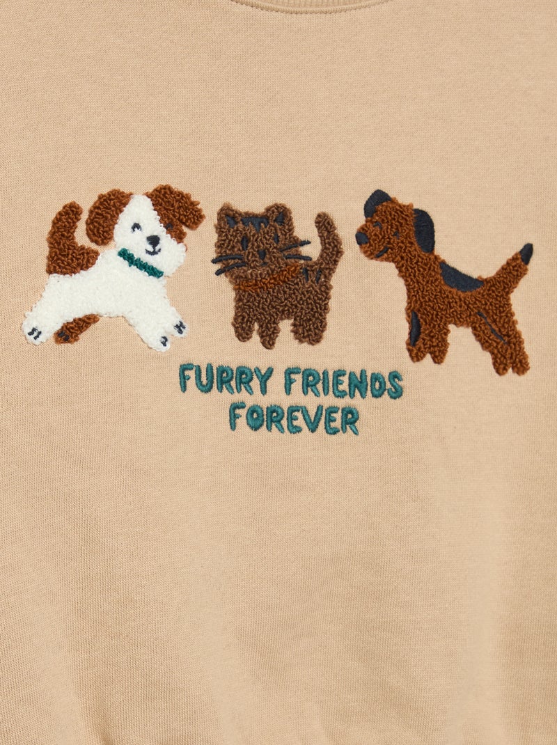 Long-sleeved fleece sweatshirt with playful design Beige - Kiabi
