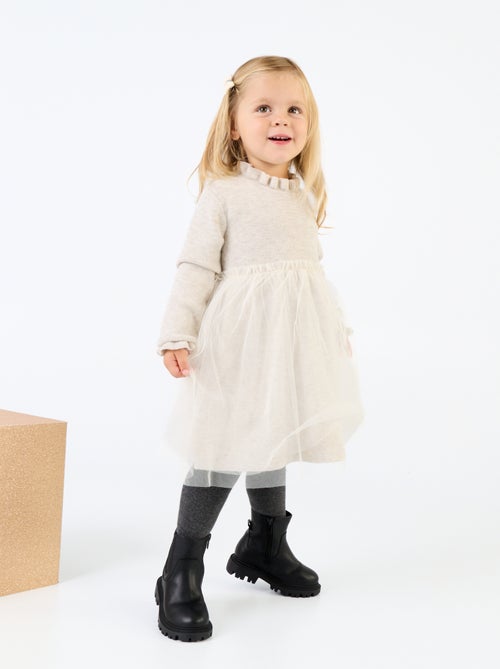 Long-sleeved knit and tulle dress - Kiabi