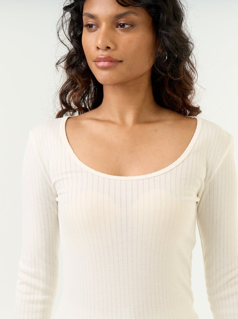 Long-sleeved pointelle knit T-shirt Beige - Kiabi