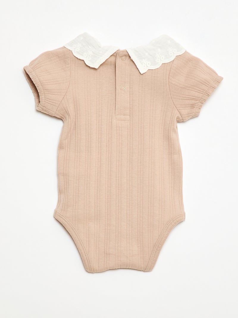 Long-sleeved ribbed knit bodysuit with fancy collar Beige - Kiabi