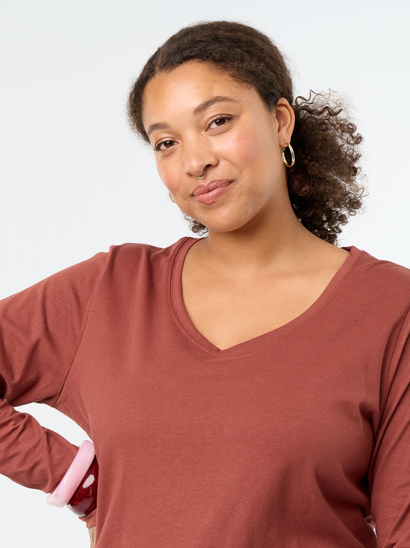 Long-sleeved round-neck T-shirt Brown - Kiabi