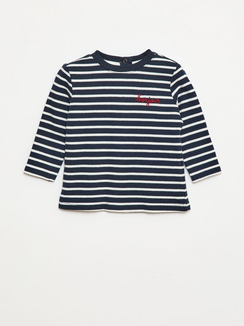 Long-sleeved T-shirt with 'bonjour' embroidered on the chest - Kiabi Long-sleeved T-shirt with 'bonjour' embroidered on the chest - Kiabi