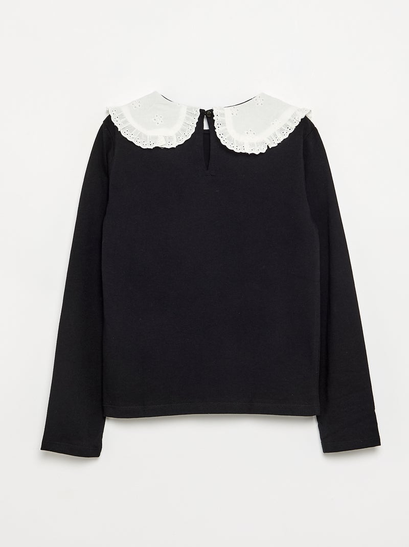 Long-sleeved T-shirt with broderie anglaise collar Black - Kiabi