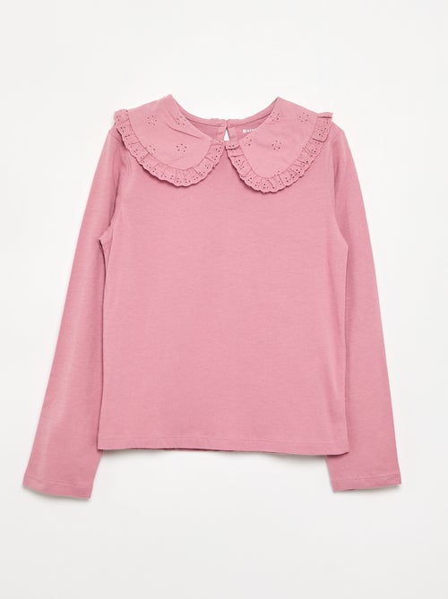 Long-sleeved T-shirt with broderie anglaise collar - Kiabi