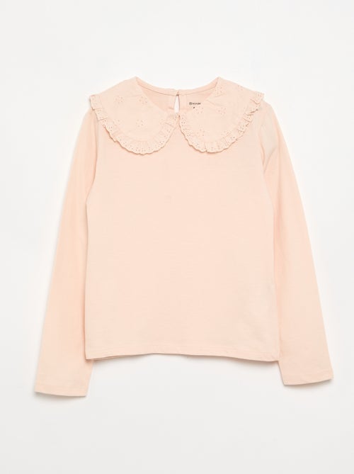 Long-sleeved T-shirt with broderie anglaise collar - Kiabi
