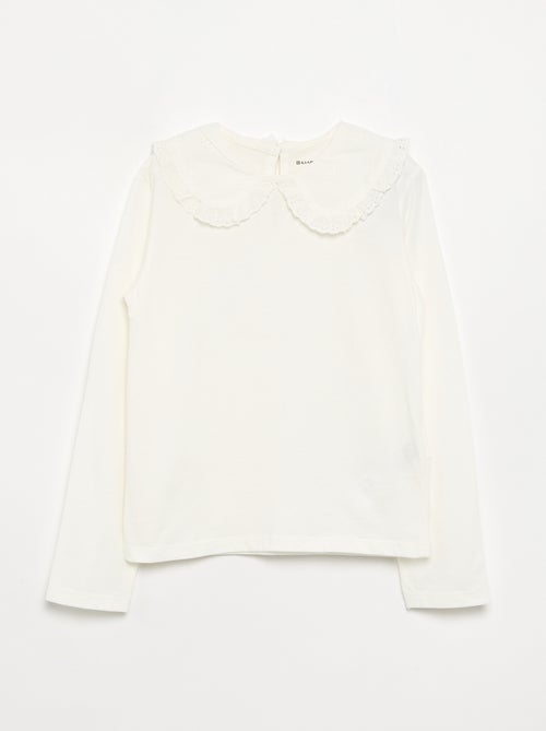 Long-sleeved T-shirt with broderie anglaise collar - Kiabi