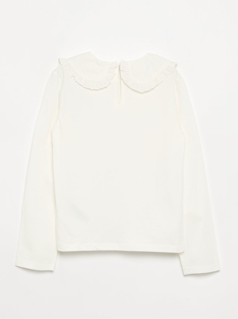 Long-sleeved T-shirt with broderie anglaise collar White - Kiabi