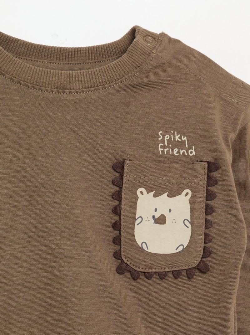 Long-sleeved T-shirt with fun pocket Brown - Kiabi